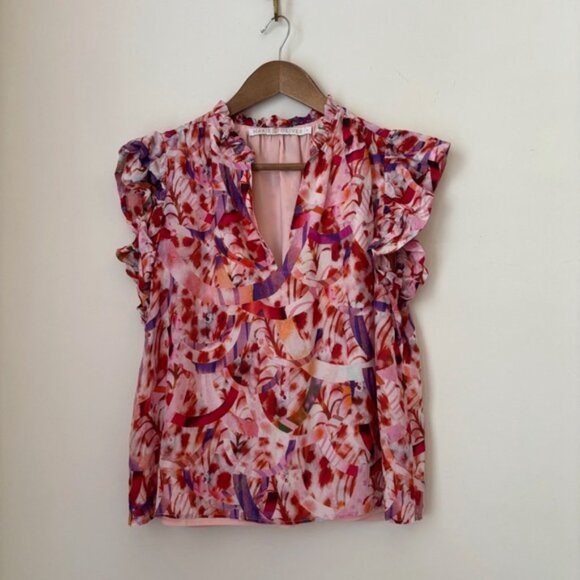 Marie Oliver Tops - Marie Oliver Maison Ruffle Top Small Watercolor Print Pink Purple